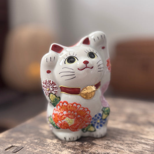 白彩花卉招財貓